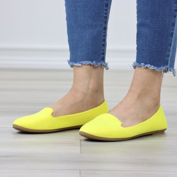 Neon Yellow Faux Suede Rounded Toe Slip On Flat Shoes - Picture 11 of 11